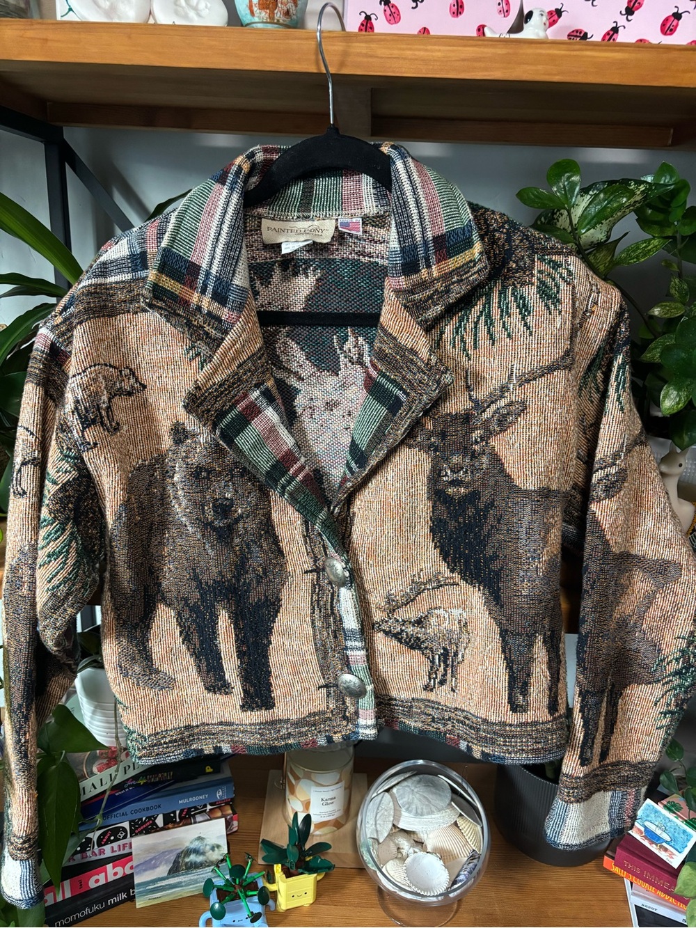 Vtg Painted Pony Bear Moose Elk Cottagecore Woven Tapestry Jacket Coat | Small